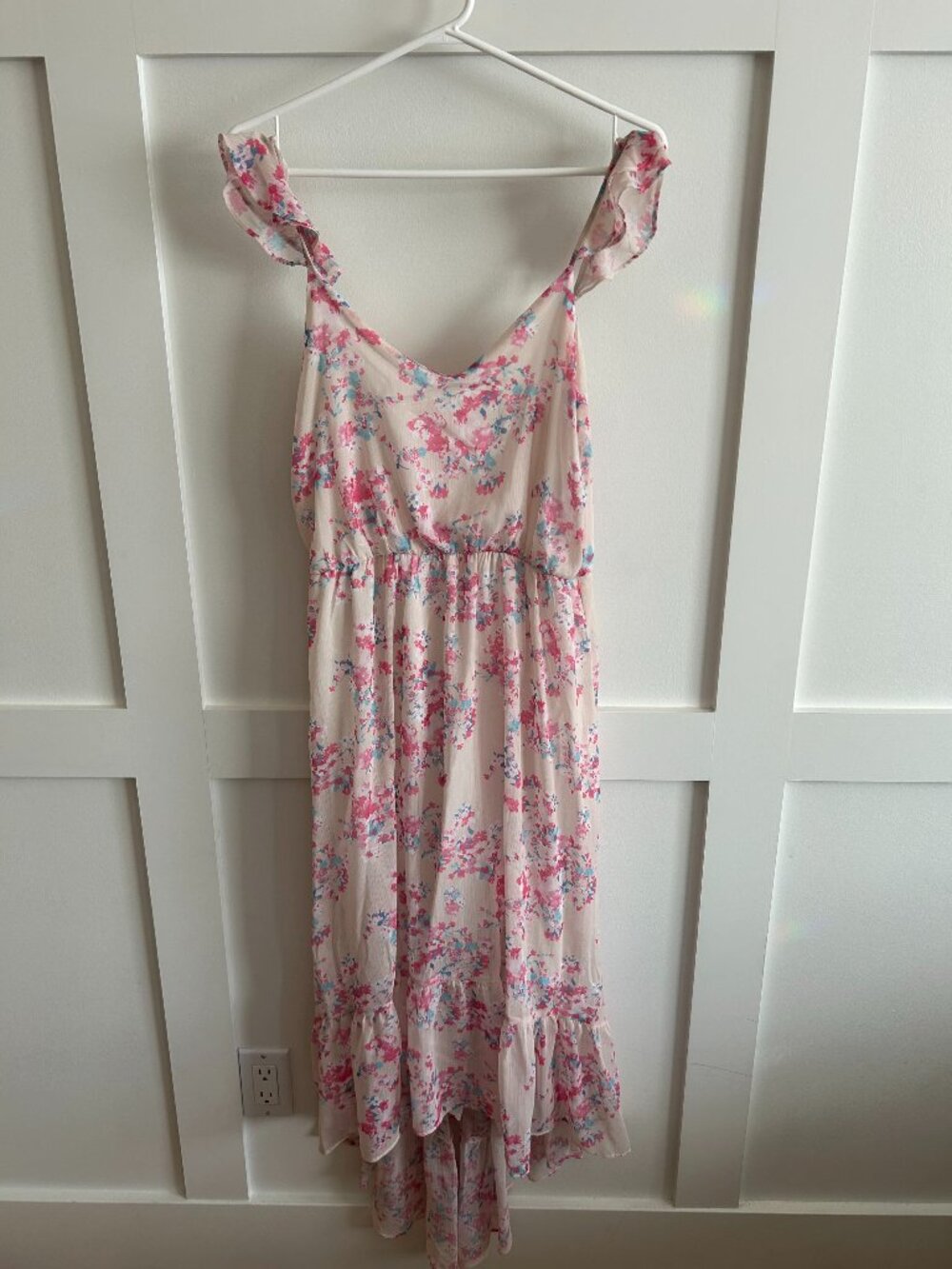 Peach Love Ruffled floral chiffon high-low maxi dress